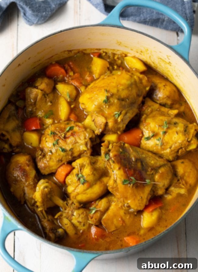 A large pot filled with cooked Caribbean chicken curry, bubbling gently, ready to serve