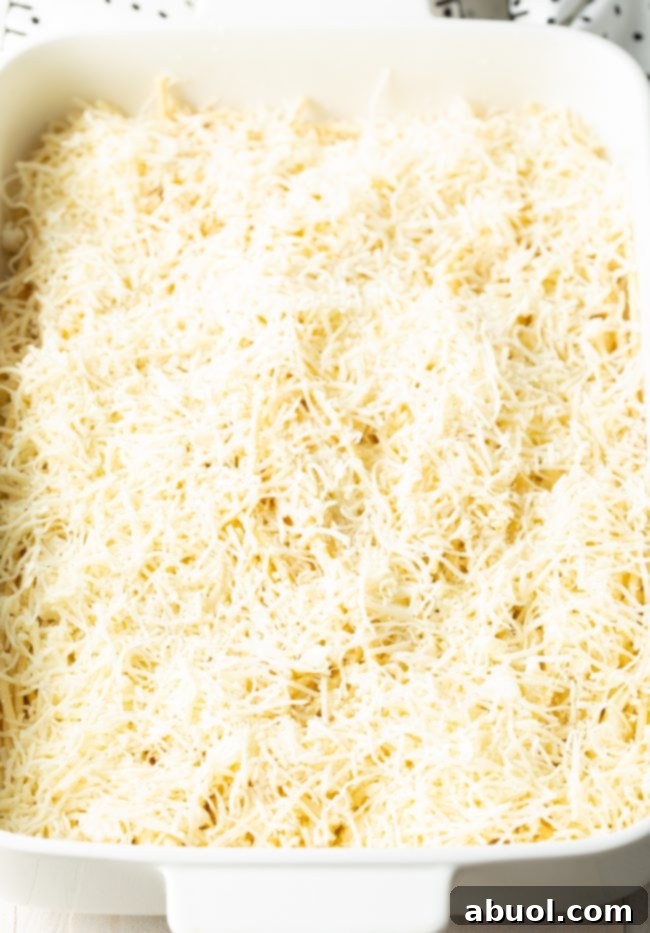 Pasta dish covered in shredded Italian cheeses.