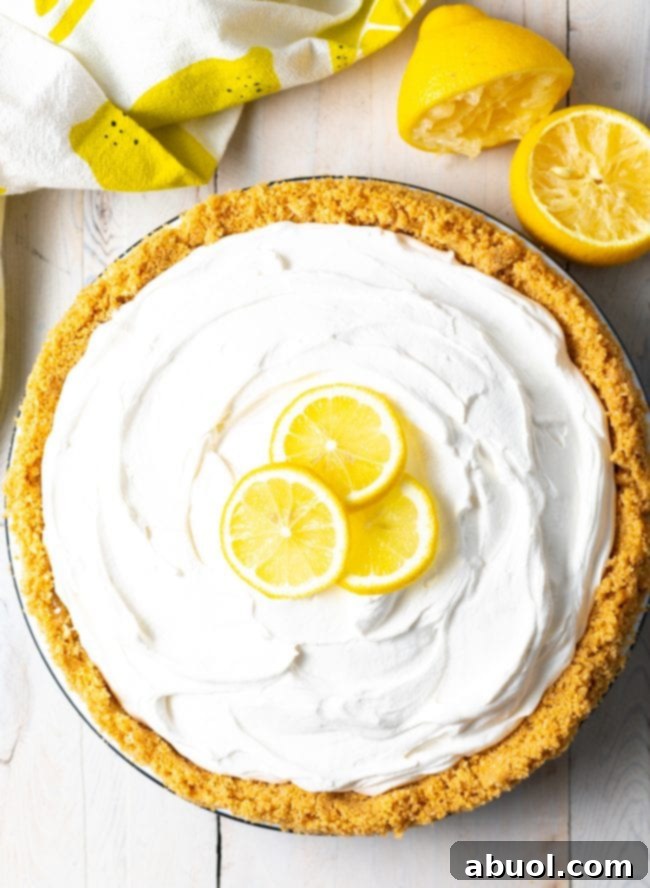 overhead view of a full no bake icebox pie with slices of lemon