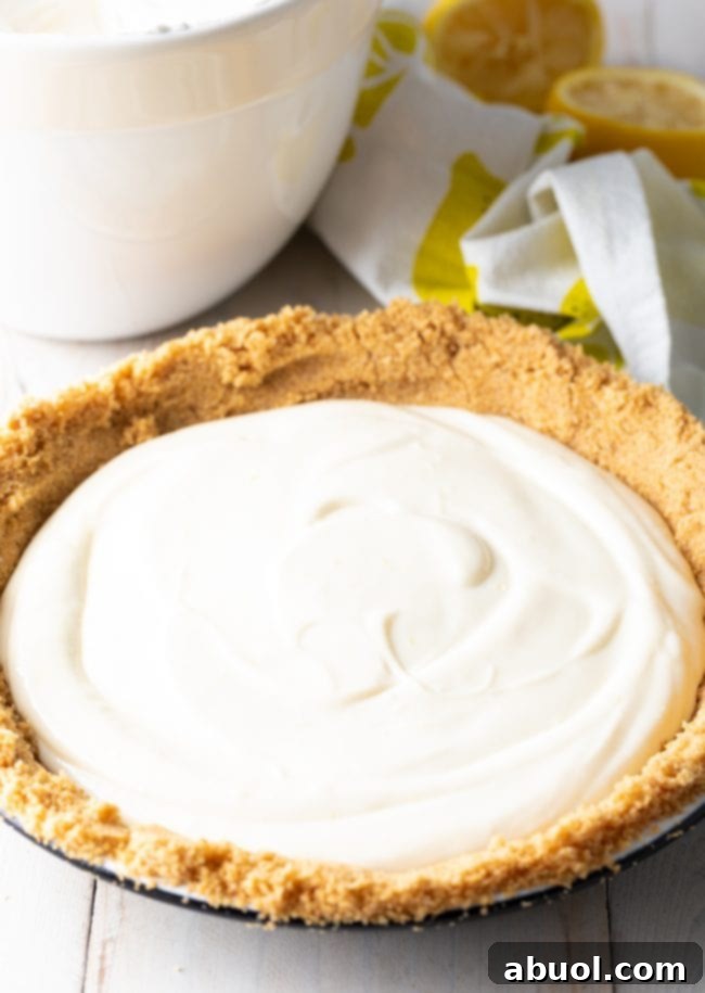 creamy lemon filling scooped into graham cracker crust