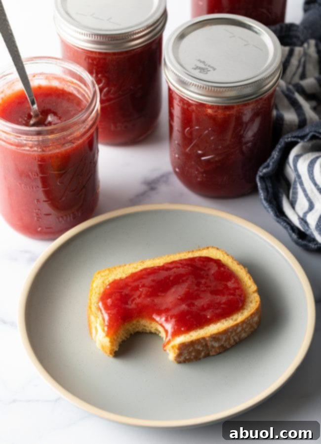 jars of vibrant strawberry rhubarb jelly surrounding a plate with toast generously spread with jam