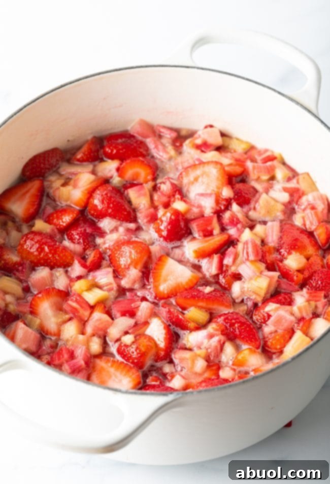 Freshly cut strawberries and rhubarb ready in a large pot, poised for jam making