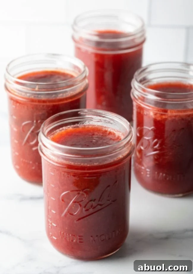Four beautifully filled jars of homemade rhubarb and strawberry jam, ready for storage or gifting