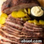 Smoked beef brisket with mustard and pickles