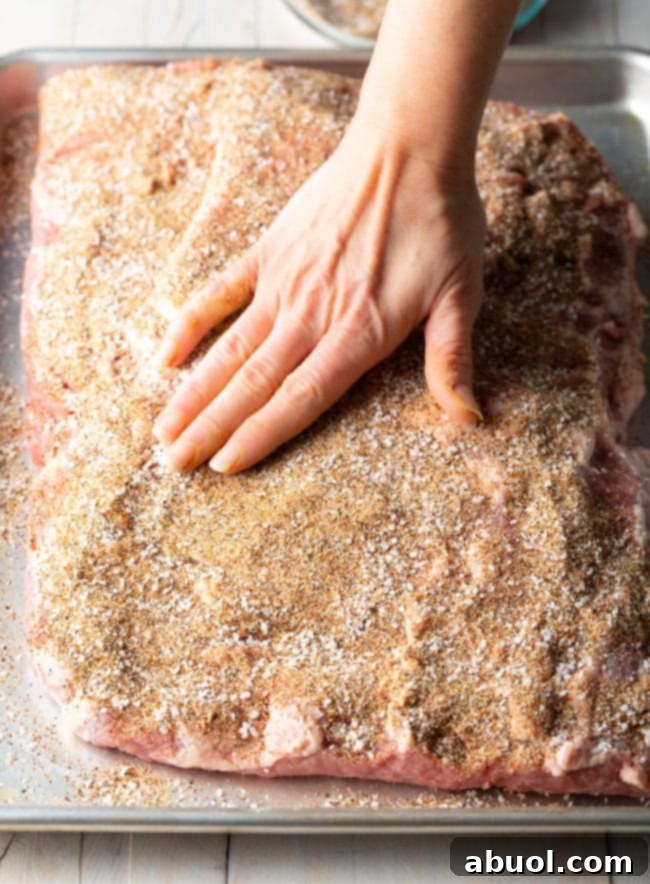 Dry-Brined Smoked Brisket 8 A hand gently rubs the dry brisket brine spices into the surface of the meat, ensuring even coverage for maximum flavor penetration.