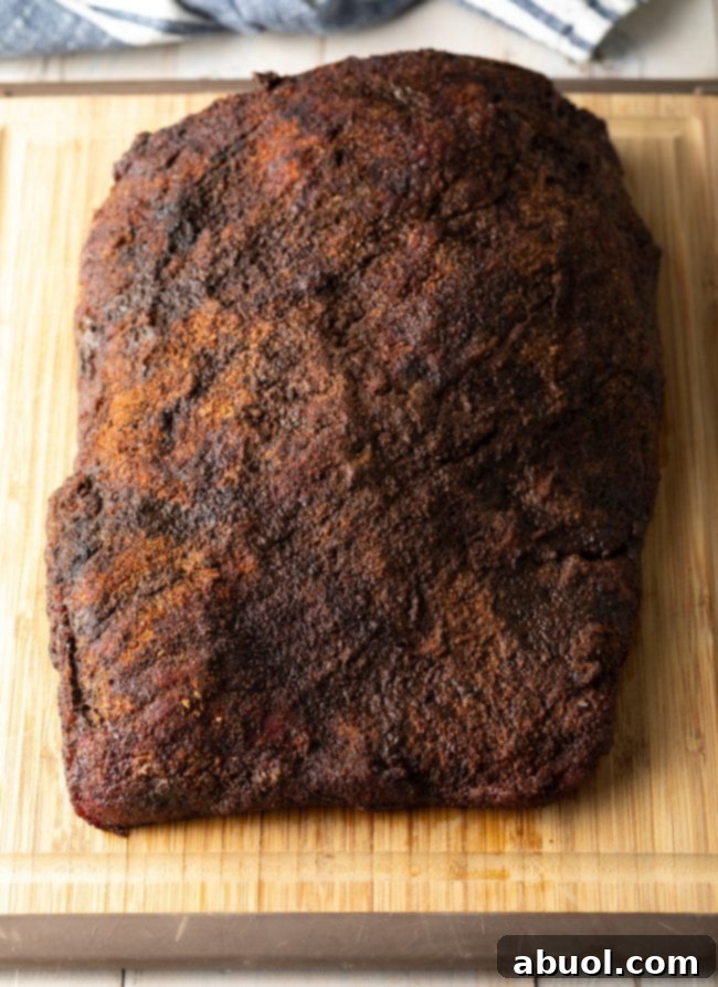 Dry-Brined Smoked Brisket 10 A perfectly smoked beef brisket, rested and ready for slicing, showcasing its rich bark and deep color before being carved.