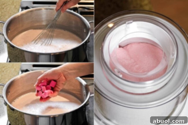 A step-by-step visual guide to making pink bubblegum ice cream, showing a large metal pot with the base being whisked, a hand adding pink bubble gum pieces, and finally, vibrant pink ice cream churning in an ice cream machine.