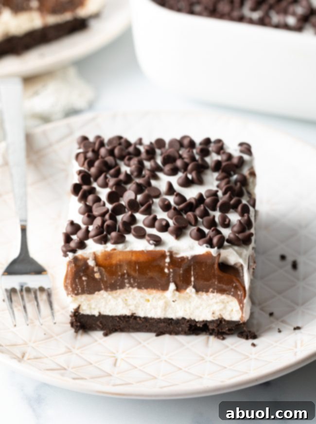 Close-up view of a perfect slice of layered no-bake pudding cake, showcasing all its distinct and delicious layers.