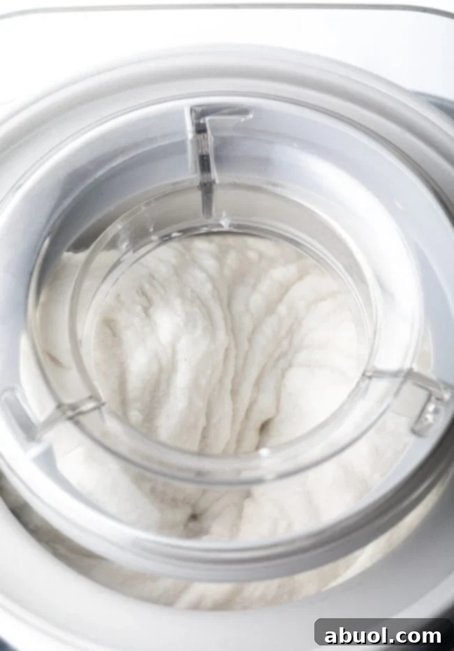 Dairy-free coconut milk ice cream churning in an ice cream machine, forming a creamy consistency.
