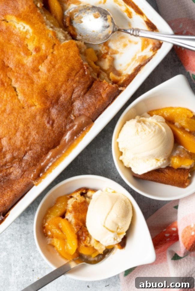 Overhead view of a baked Bisquick peach cobbler in a dish, with one serving spooned into a bowl.