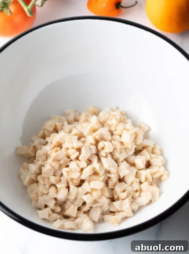 diced fresh conch, showing the uniform pieces