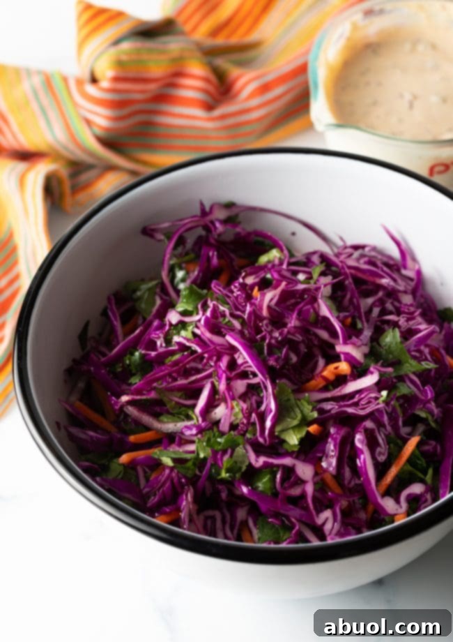 shredded cabbage, carrots and cilantro in a large mixing bowl.