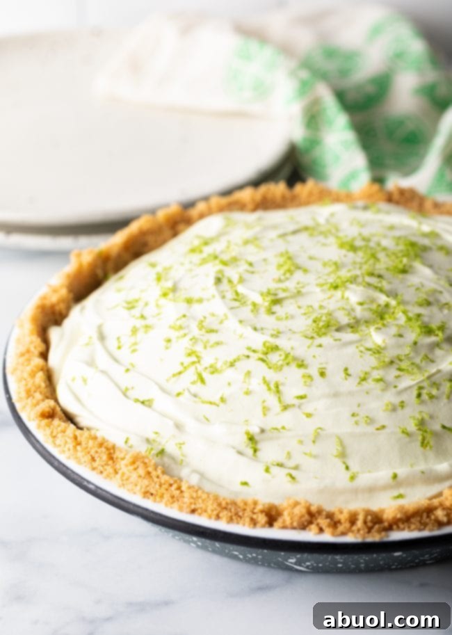 Key lime ice box pie garnished with zest in a pie pan. 