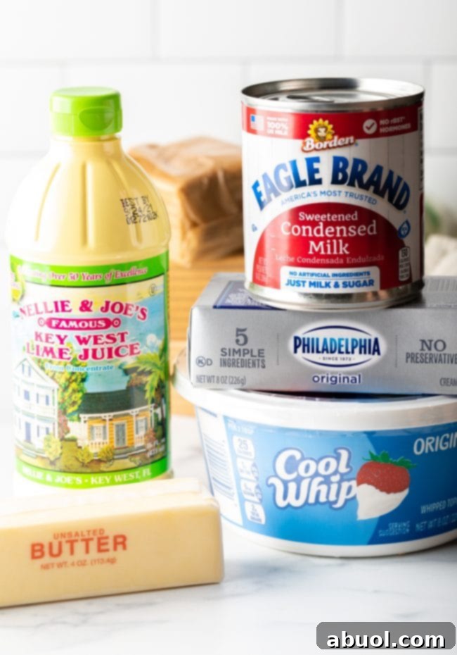 Cream cheese, cool whip, lime juice, condensed milk, butter, and graham crackers. 