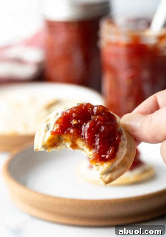 A close-up of a crispy cracker topped with creamy cheese and a spoonful of homemade tomato jam, ready to be enjoyed.