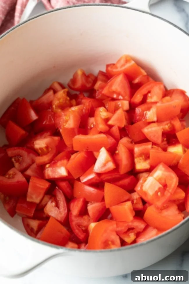 Chopped tomatoes gathered in a medium-sized pot, preparing for the simmering process.