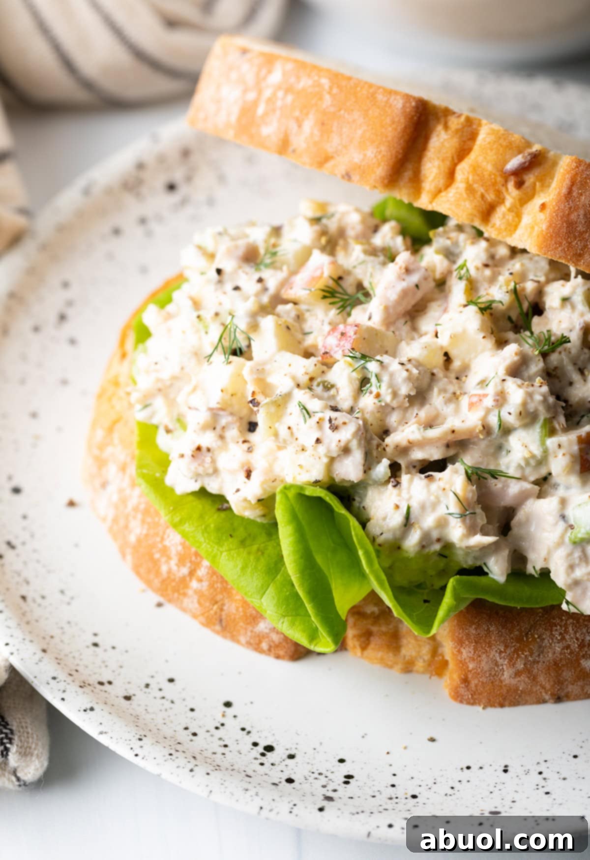 A close-up view of a homemade tuna fish sandwich, garnished with fresh dill and showing hints of diced apple, served on a white speckled plate.