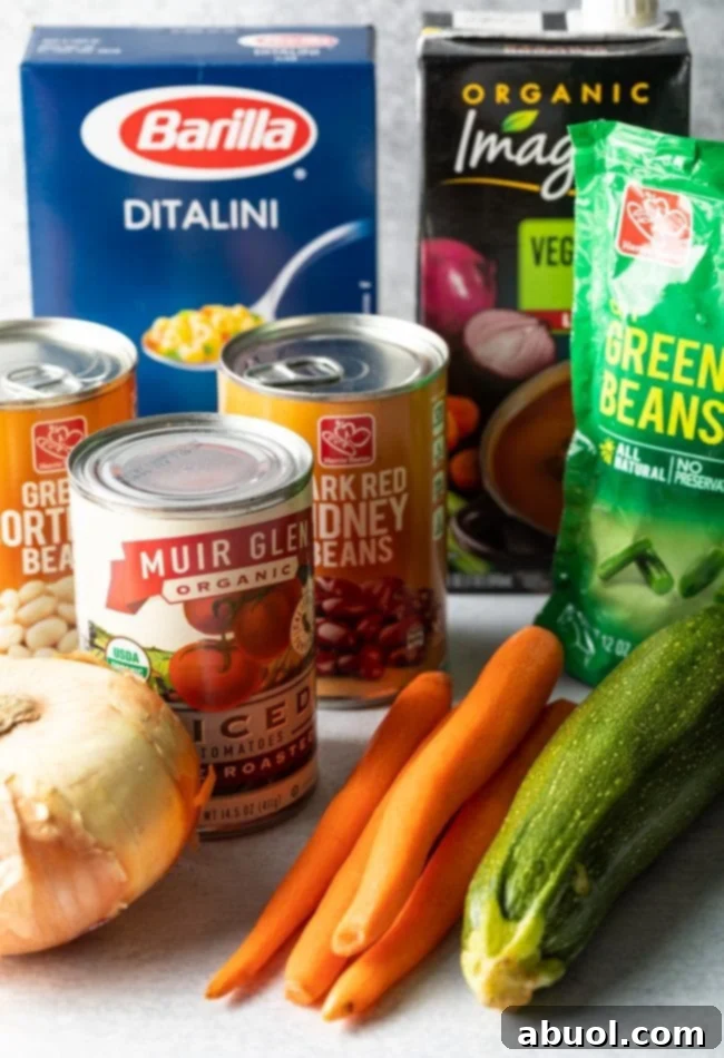 Assorted fresh ingredients for Minestrone Soup including vegetable broth, diced tomatoes, and Italian seasoning.