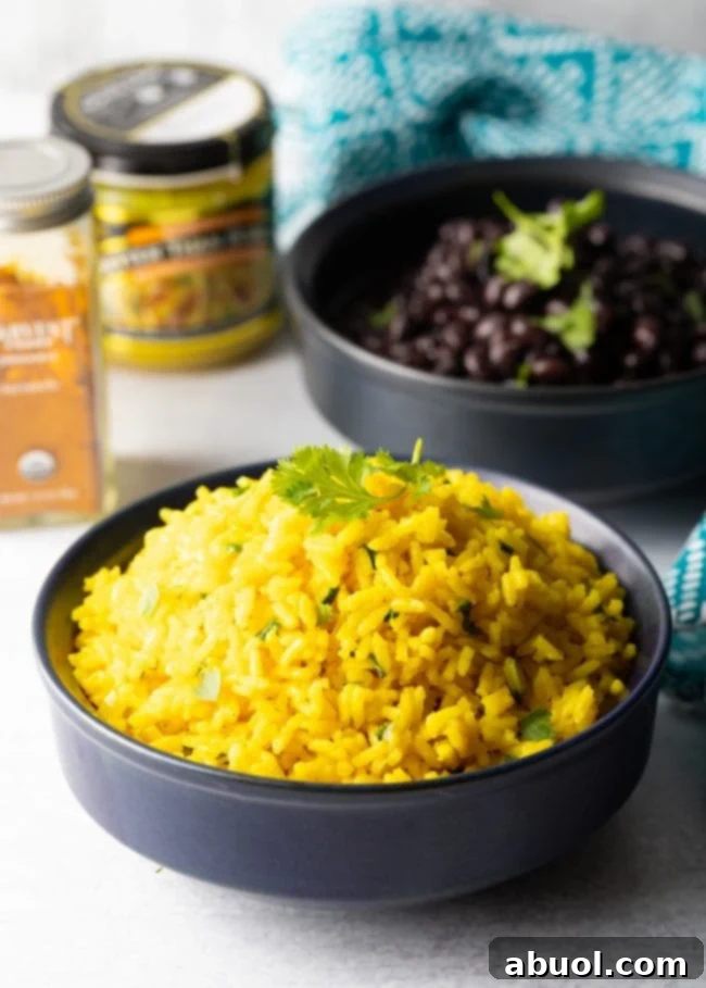 Closeup of yellow rice plated in bowl with cilantro garnish. 