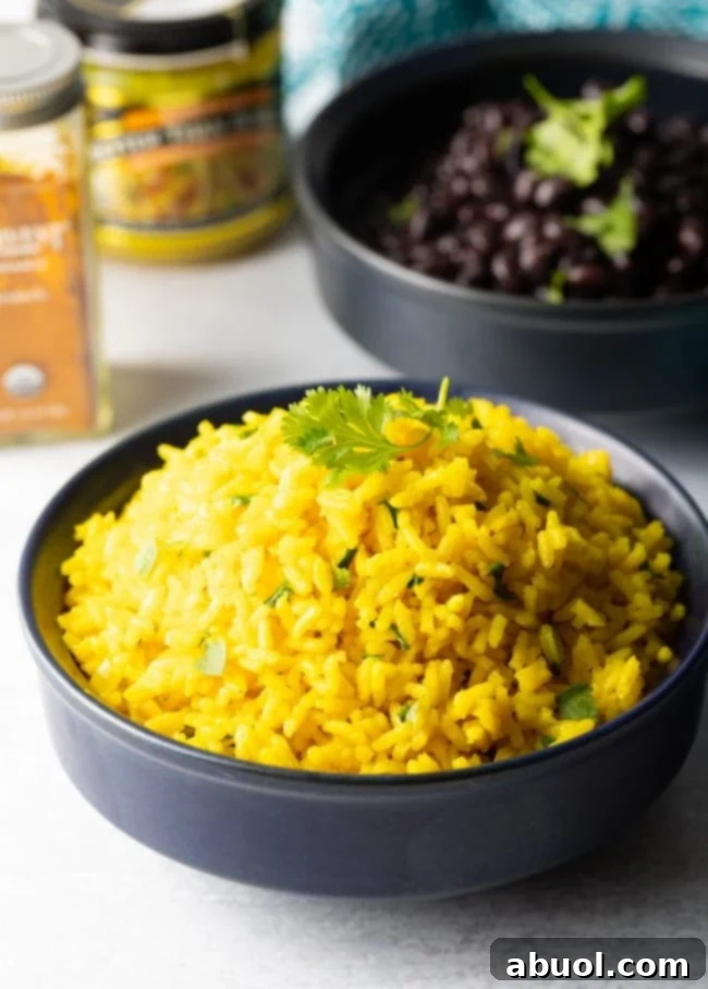 Closeup of yellow rice plated in bowl with cilantro garnish. 