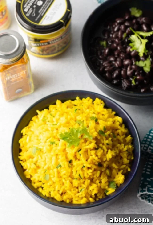Overhead view of yellow rice in a bowl. 