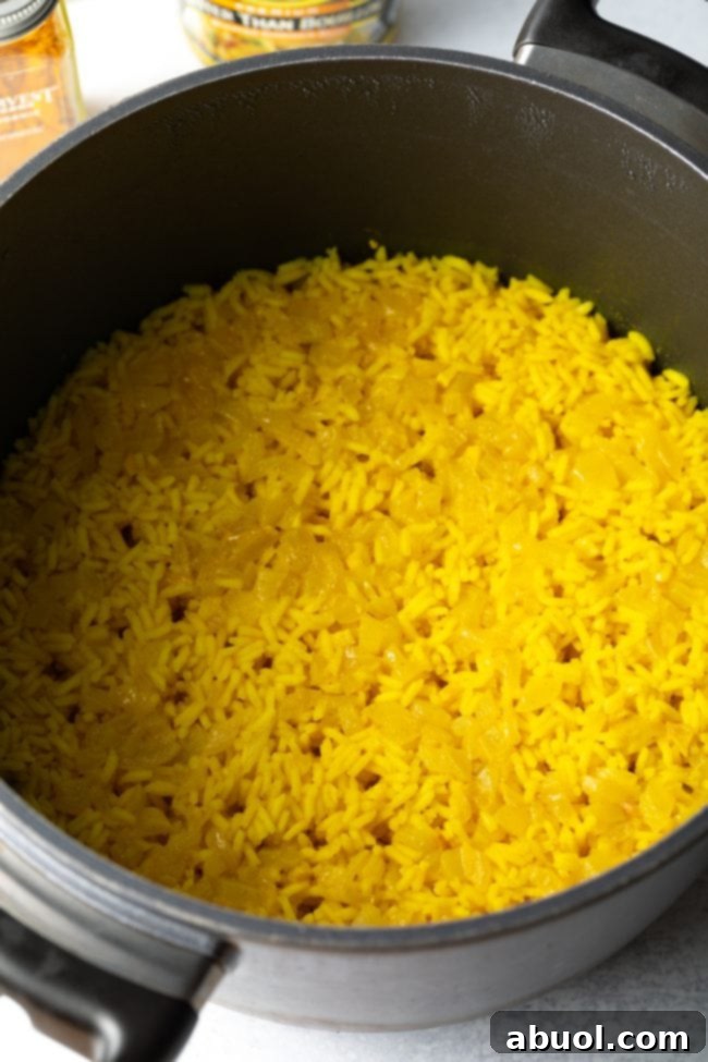 Cooked yellow rice in pot. 