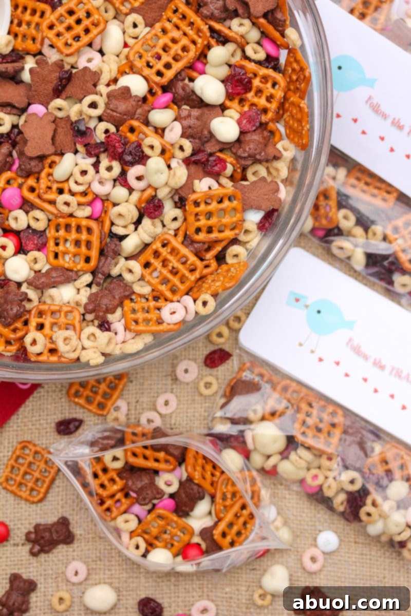 An inviting overhead shot of Valentine's Day Snack Trail Mix in a large mixing bowl, accompanied by neatly arranged individual gift bags filled with the mix, ready for a special occasion.