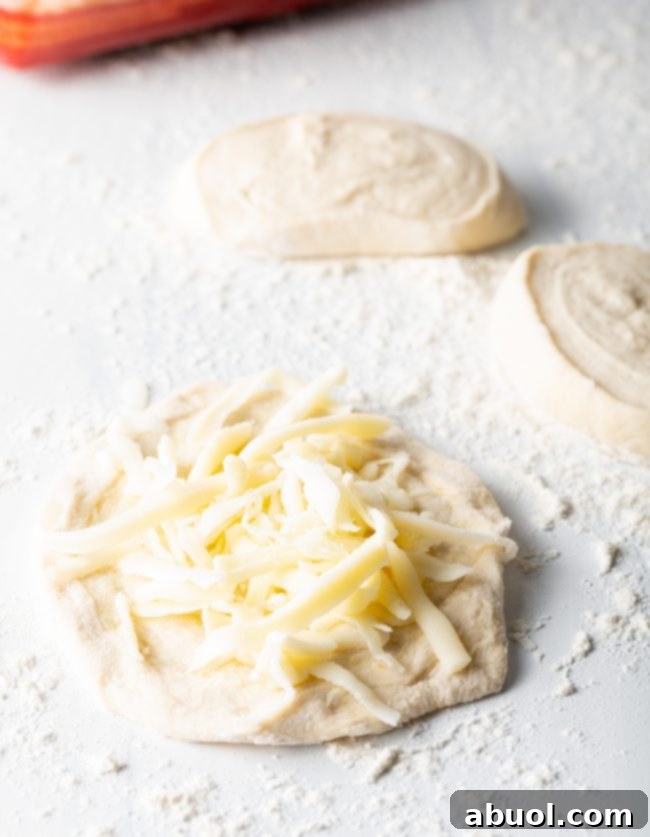 Mozzarella on a piece of pizza dough.