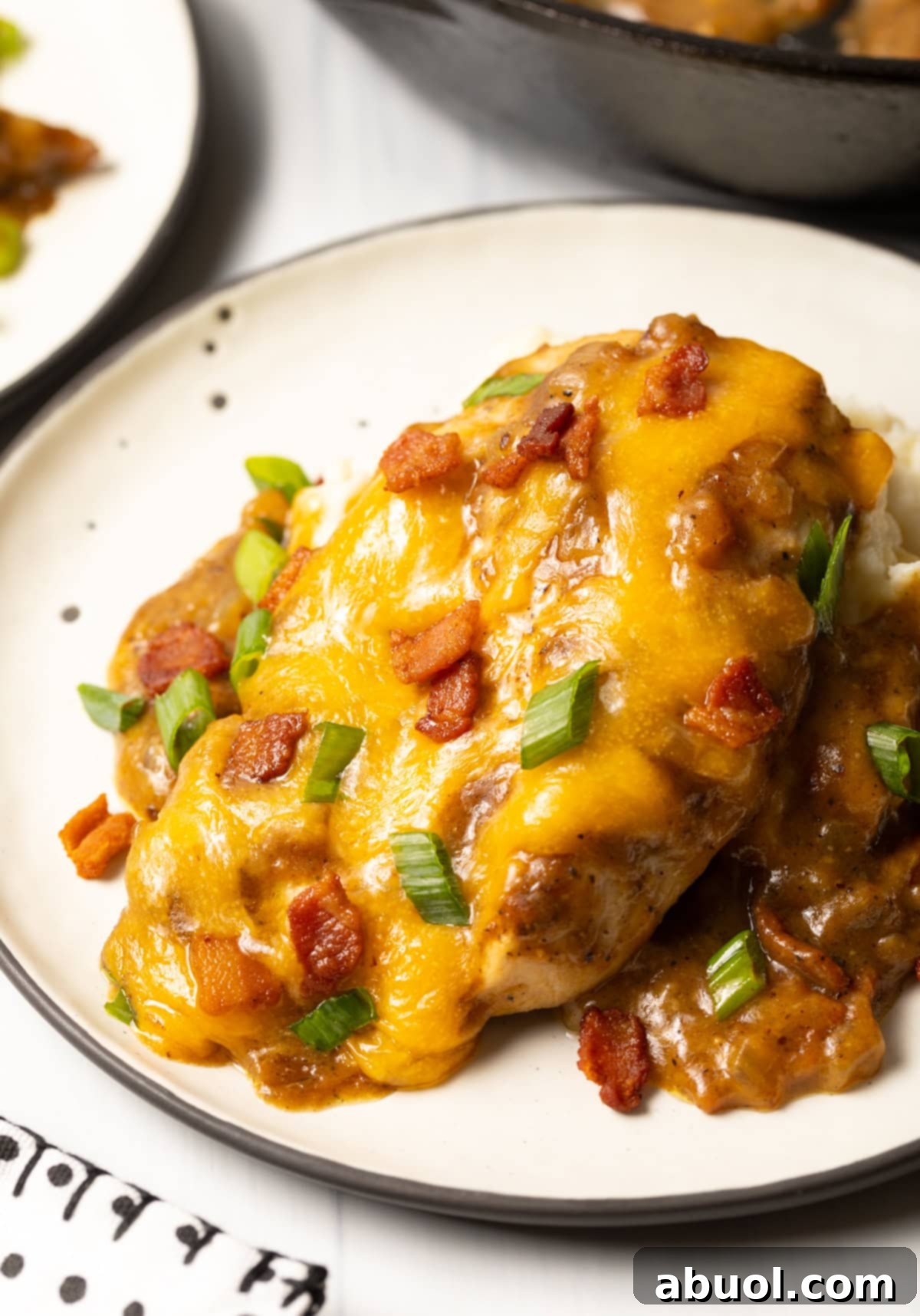 Close-up view of a serving of smothered chicken and gravy recipe, garnished with cheese, bacon, and fresh scallions on a white plate, showcasing the rich texture and inviting colors of the dish.