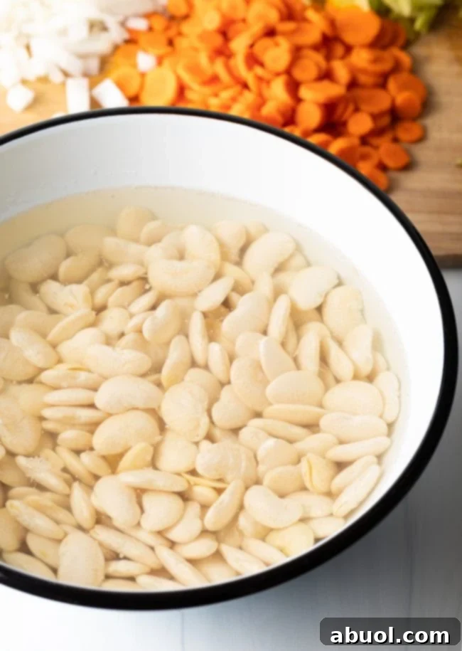 Bowl of dried butterbeans soaking in water