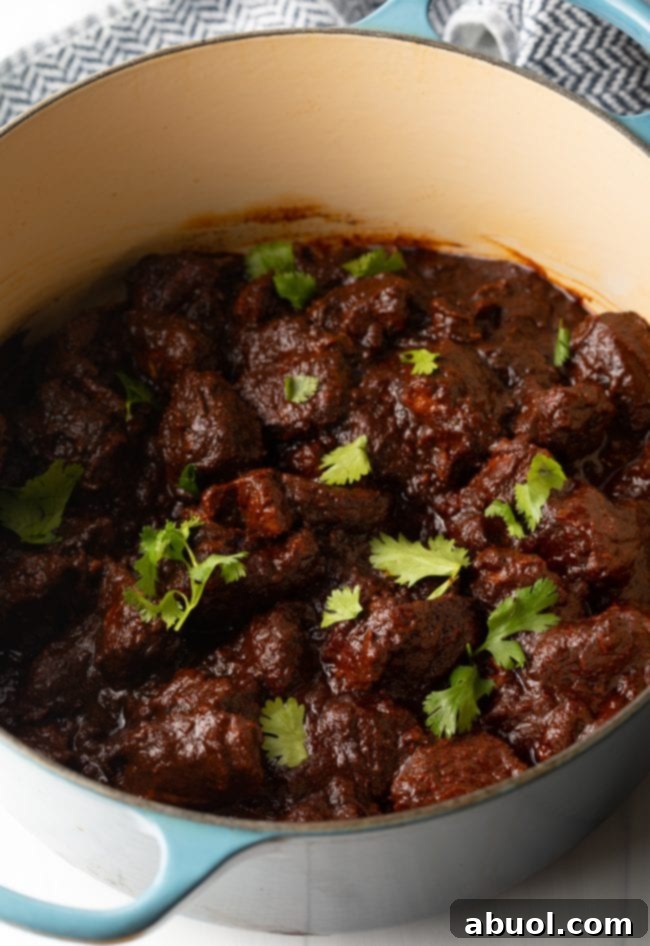 New Mexican Red Chile Pork - cooked adovada in a pot with cilantro leaves on top