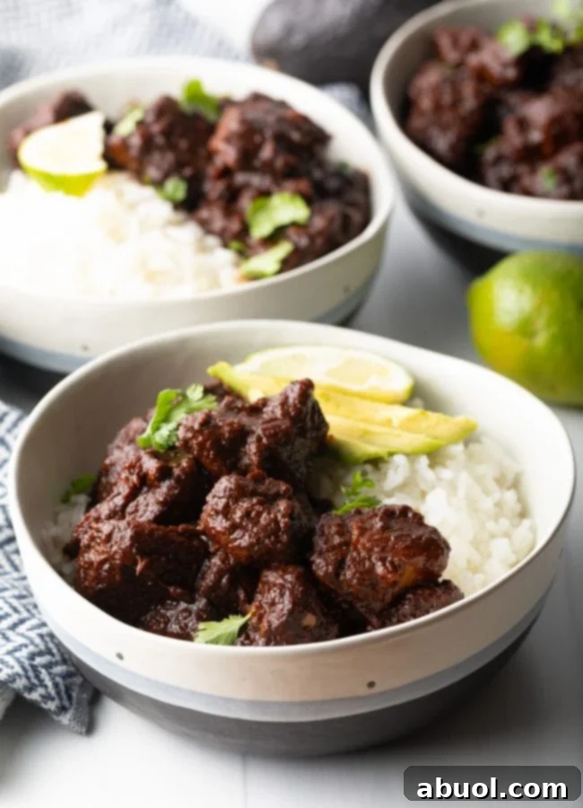 side view red chile pork carne adovada in a bowl with white rice, avocado, lime and cilantro