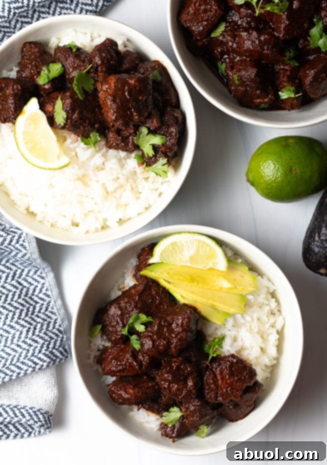 overhead view carned adovada in three bowls with new mexico red chile, lime and avocado