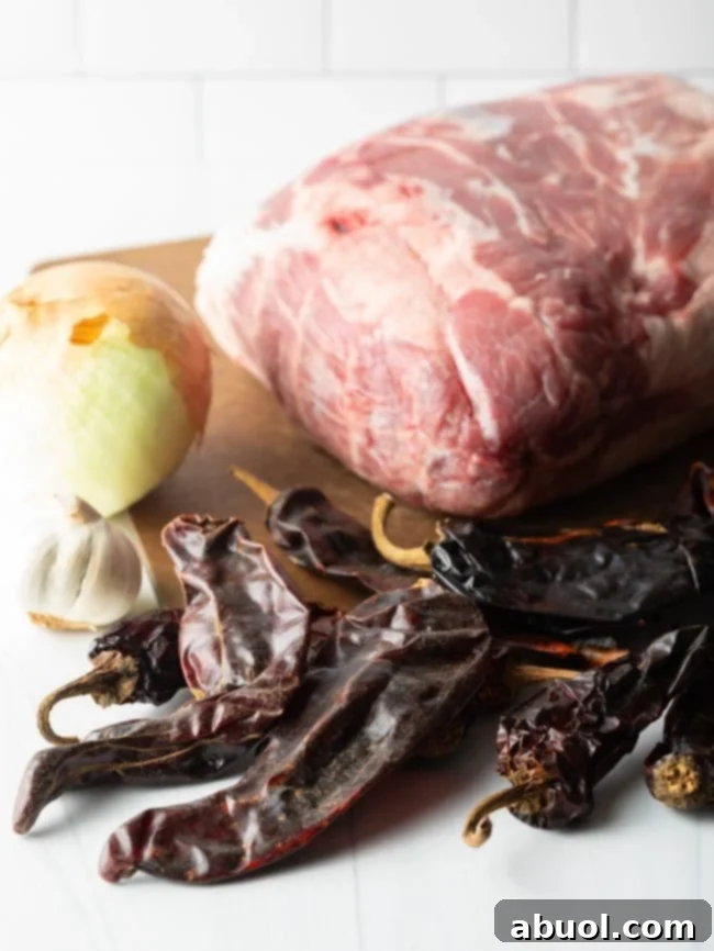 red chiles, pork, garlic, onion