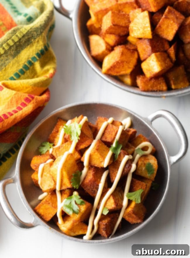 overhead top view two bowl with Mexican fried potatoes with aioli and chopped cilantro | final view of competed patatas bravas recipe