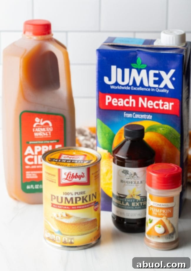 Essential ingredients for Harry Potter Pumpkin Juice: canned pure pumpkin puree, pumpkin pie spice, vanilla extract, a carton of peach nectar, and a jug of fresh apple cider.