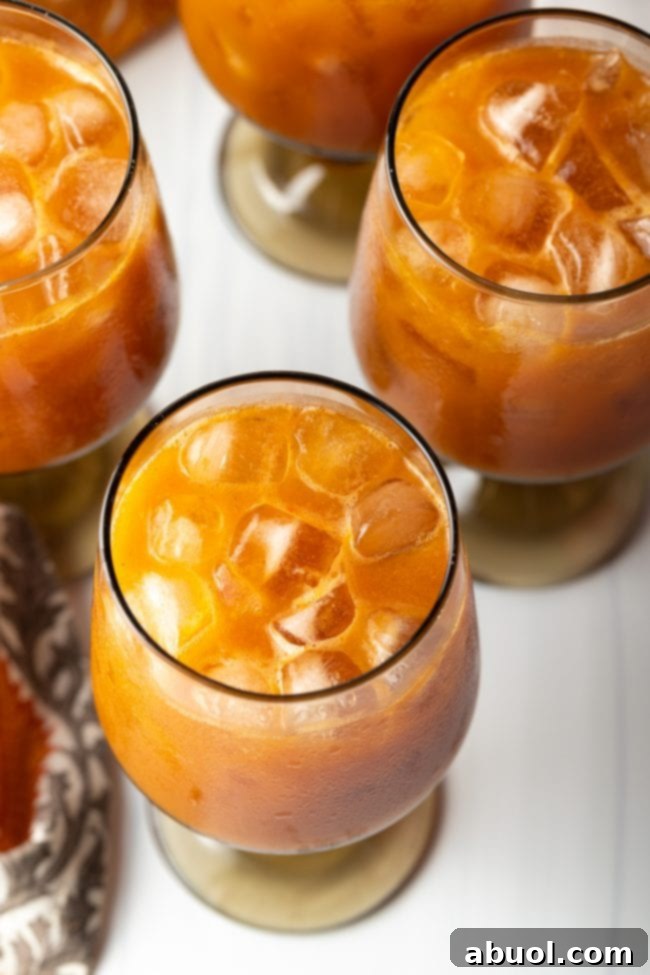 A top-down view of three elegant glasses, each filled with iced Harry Potter Pumpkin Juice, garnished and ready to enjoy.