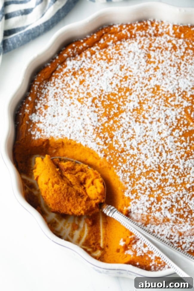 metal spoon taking a scoop of carrot souffle casserole made with mashed carrots, sprinkled with powdered sugar