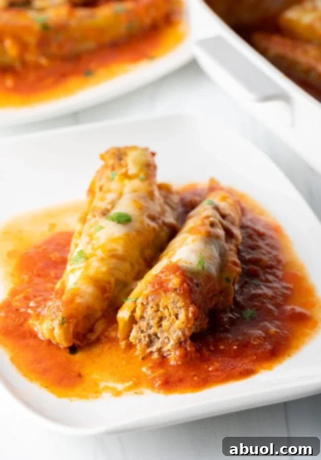 Close-up view of sausage stuffed banana peppers in marinara sauce, topped with melted cheese and fresh parsley