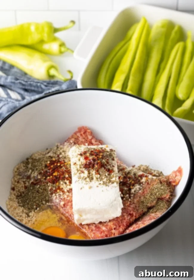 Bowl of ingredients for sausage stuffing before mixing