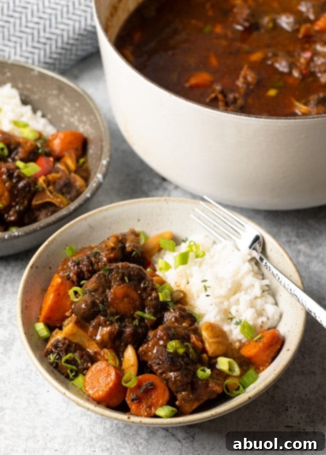 closer view tender ox tails with carrots and peppers in a bowl with rice