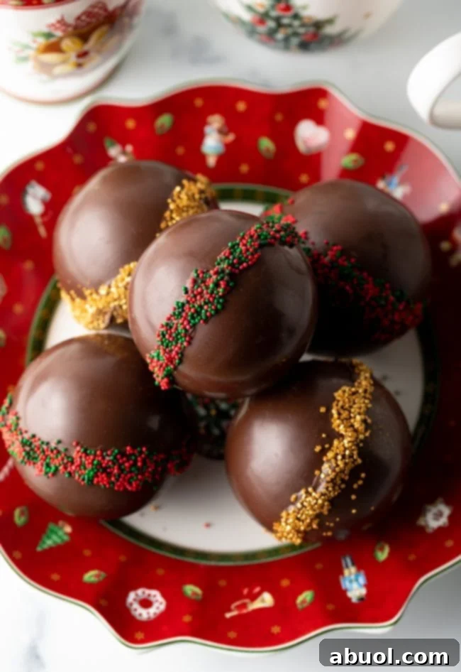 Velvet Cocoa Spheres 3 top view decorated cocoa bombs stacked on a christmas plate