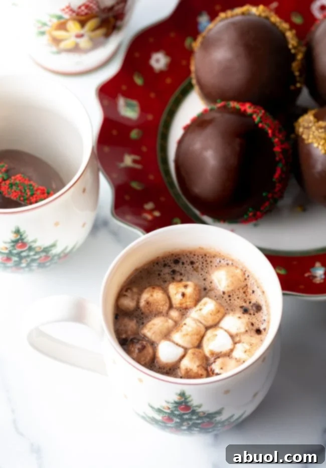 Velvet Cocoa Spheres 4 Top down view mug of hot chocolate with marshmallows - chocolate balls in the background.