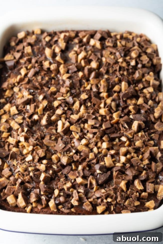 Top view of a white rectangular baking pan containing cake topped with a generous layer of chopped Heath bars