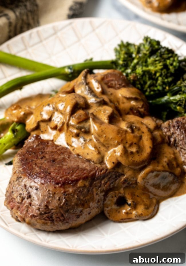 Cheesecake Factory's Iconic Steak Diane 2 Close view steak Diane with mushroom sauce and broccoli on a white plate. A perfect homemade Steak Diane dish.