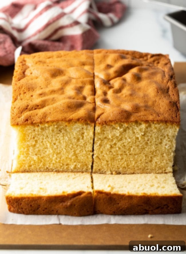 A cross-section of a Japanese Sponge Cake, sliced down the middle into two loaves, with two individual slices cut out, showing its fluffy interior.
