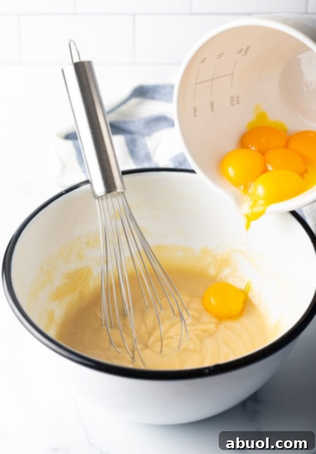 A whisk in a mixing bowl expertly blending eggs and sugar into a frothy, light batter, a crucial step for a perfect Castella cake.