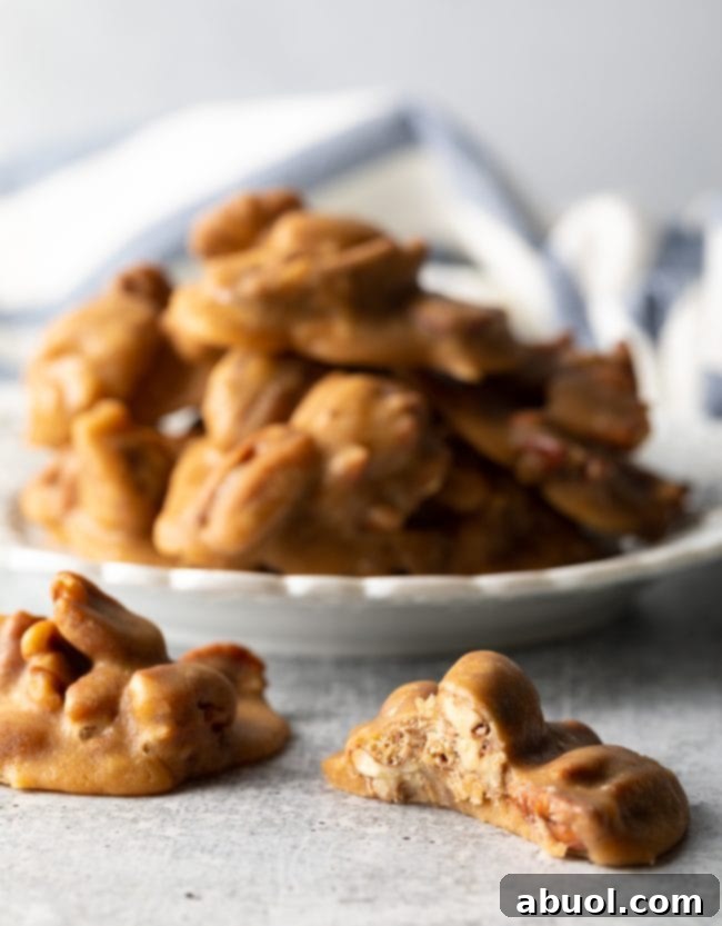 Side view of two praline pecans, one broken in half to show the crunchy pecan pieces, positioned next to a plate piled high with more cinnamon pecan candies.