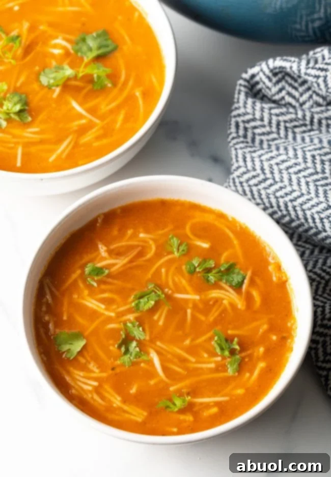 Top view of two bowls of Sopa de Fideo garnished with chopped cilantro.