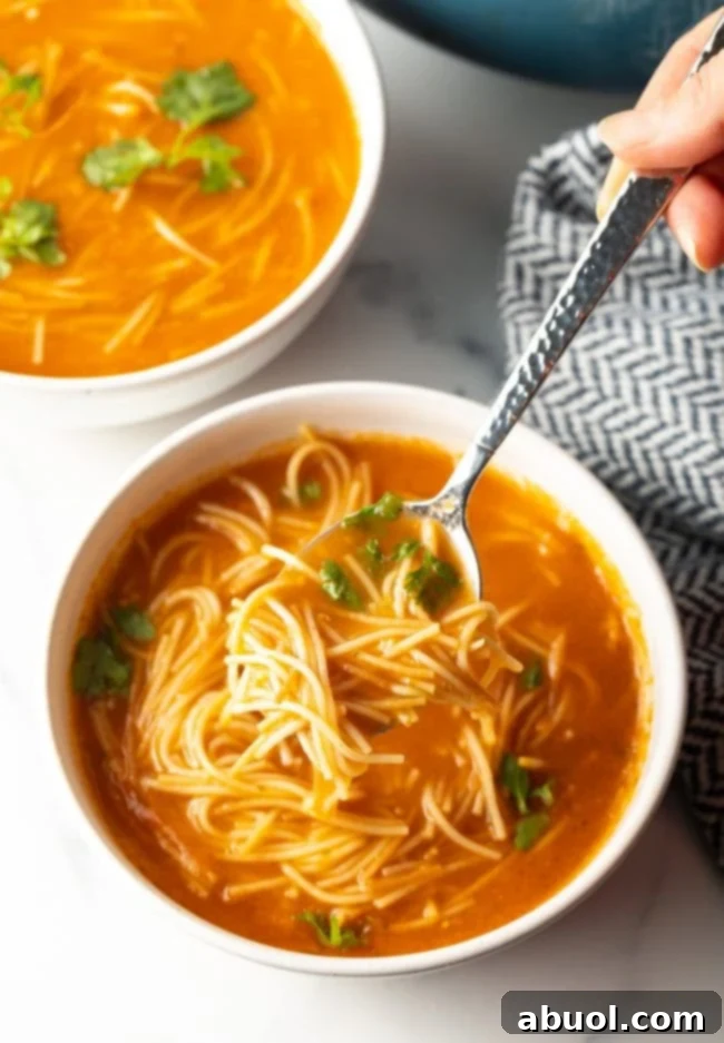 Top view of a spoon scooping a bite of Mexican soup with noodles.